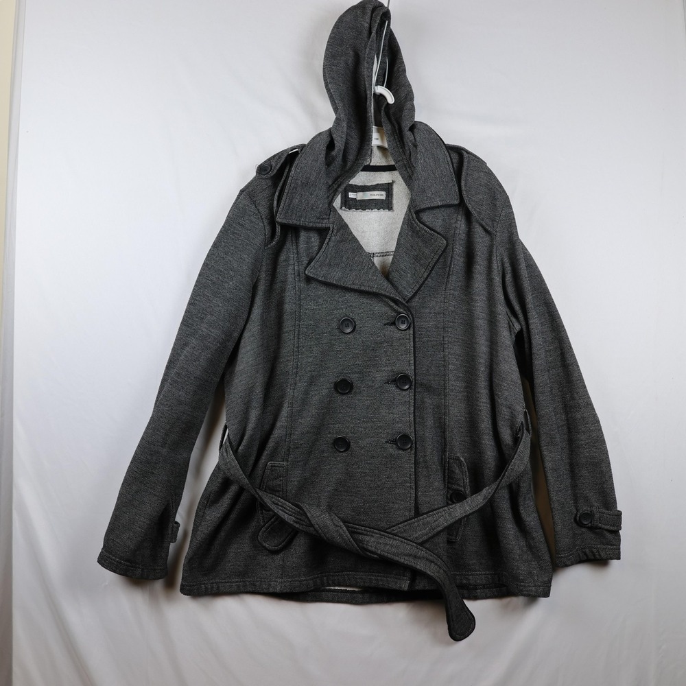 Maurices Jacket Womens 2 Gray‎ Hooded Double Breasted Belted Peacoat Trench Coat